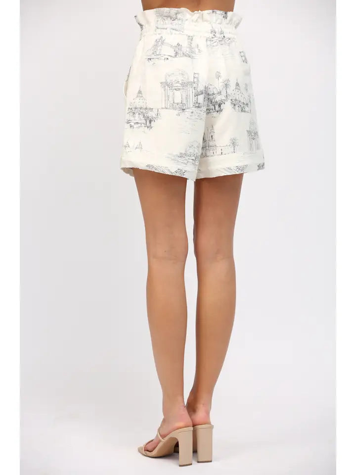 Scenic Print Linen Blend Drawstring Waist Shorts-Shorts-FATE-S-IVORY/NAVY-Urbanheer