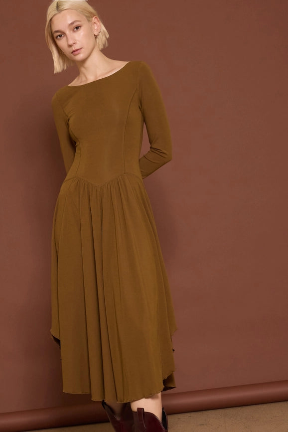 Scoop Neck Handkerchief Hem Jersey Midi Dress Mustard Olive-Dress-Lara Daisy-S-Mustard Olive-Urbanheer