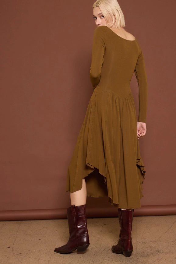Scoop Neck Handkerchief Hem Jersey Midi Dress Mustard Olive-Dress-Lara Daisy-S-Mustard Olive-Urbanheer