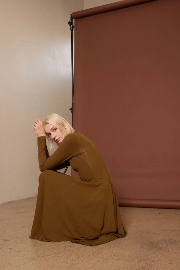 Scoop Neck Handkerchief Hem Jersey Midi Dress Mustard Olive-Dress-Lara Daisy-S-Mustard Olive-Urbanheer