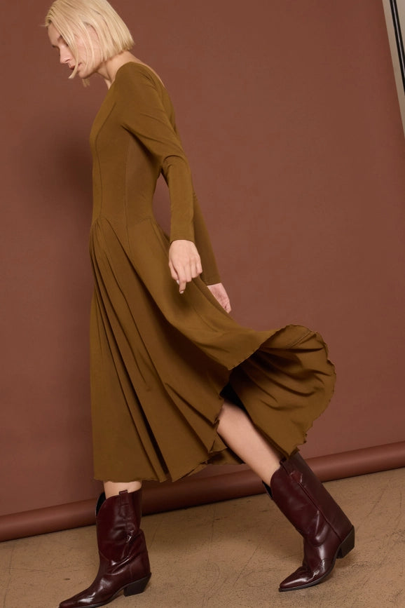 Scoop Neck Handkerchief Hem Jersey Midi Dress Mustard Olive-Dress-Lara Daisy-S-Mustard Olive-Urbanheer
