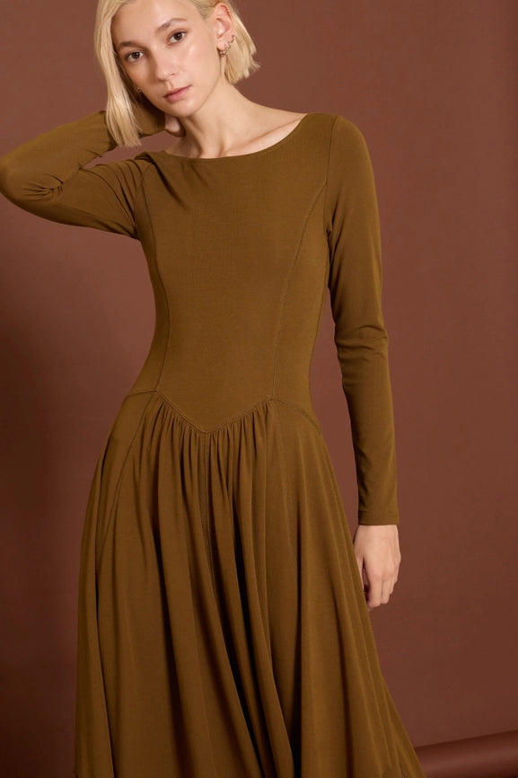 Scoop Neck Handkerchief Hem Jersey Midi Dress Mustard Olive-Dress-Lara Daisy-S-Mustard Olive-Urbanheer