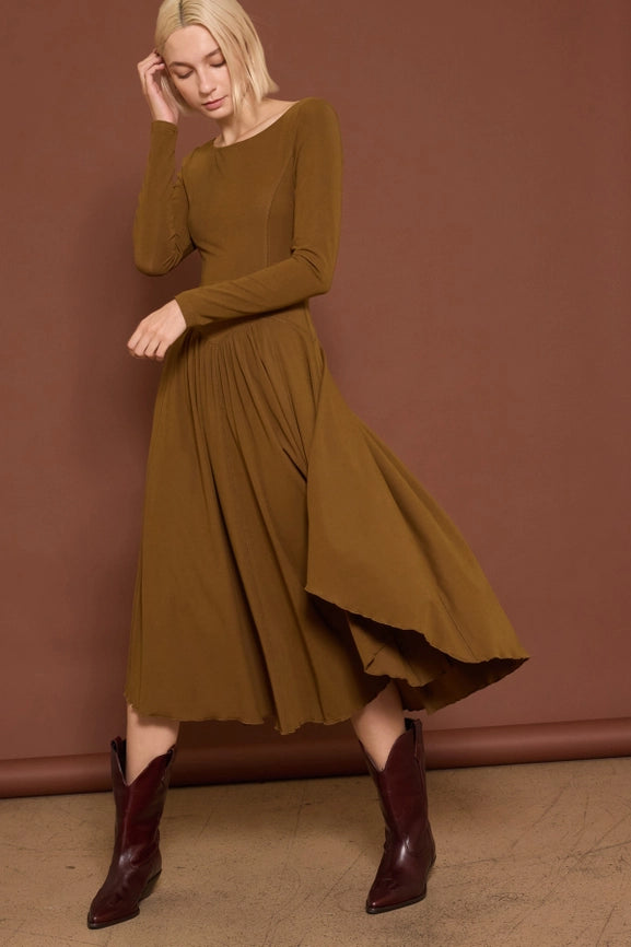 Scoop Neck Handkerchief Hem Jersey Midi Dress Mustard Olive-Dress-Lara Daisy-S-Mustard Olive-Urbanheer