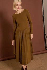 Scoop Neck Handkerchief Hem Jersey Midi Dress Mustard Olive-Dress-Lara Daisy-S-Mustard Olive-Urbanheer