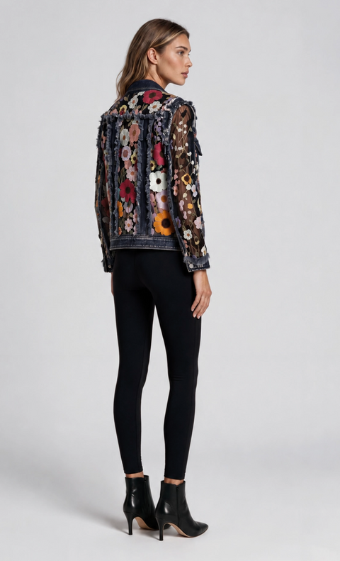 Floral Embroidered Mesh & Frayed Denim Jacket