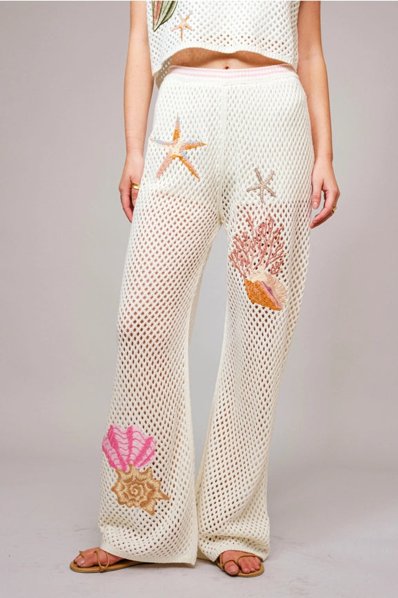 Seashell Embroidered Elastic Waist Pants-Pants-Blue B-S-OFF WHITE-Urbanheer
