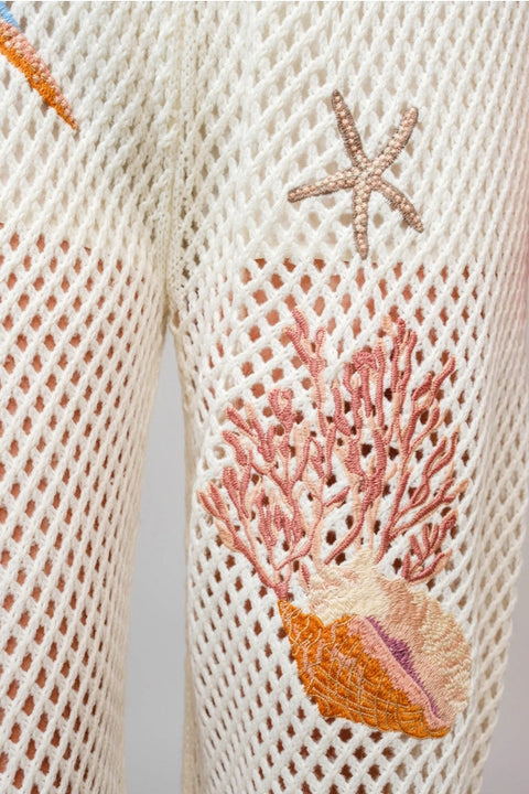 Seashell Embroidered Elastic Waist Pants-Pants-Blue B-S-OFF WHITE-Urbanheer