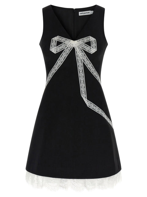 Self-Portrait Black Crêpe Bow Lace Mini Dress