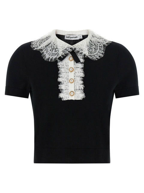Self-Portrait Black Knit Lace Collar Top