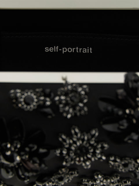 Self-Portrait Black Satin Floral Crystal Clutch
