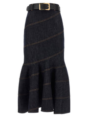 Self-Portrait Indigo Denim Belted Midi Skirt