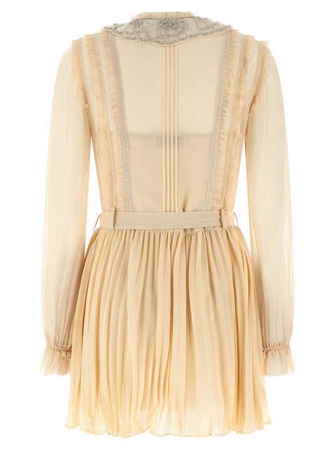 Self-Portrait Tan Pleated Georgette Mini Dress
