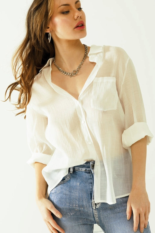 Semi Sheer Tencel Shirt With Chest Pocket In White