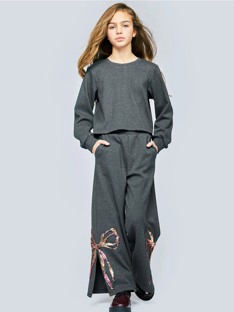 Sequin Bow Knit Pants w/ Side Leg Slits