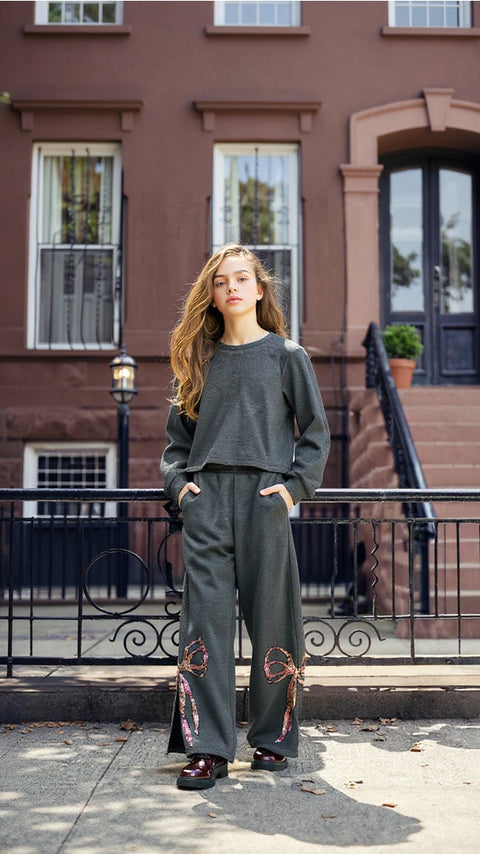 Sequin Bow Sweatshirt w/ Back Slit