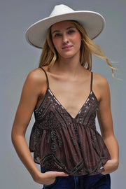 Sequin Camisole Top in Brown with Floral Detail Embellished