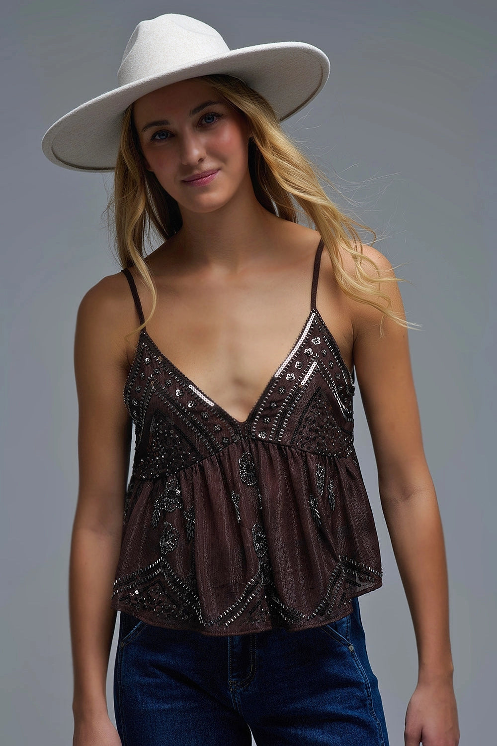 Sequin Camisole Top in Brown with Floral Detail Embellished