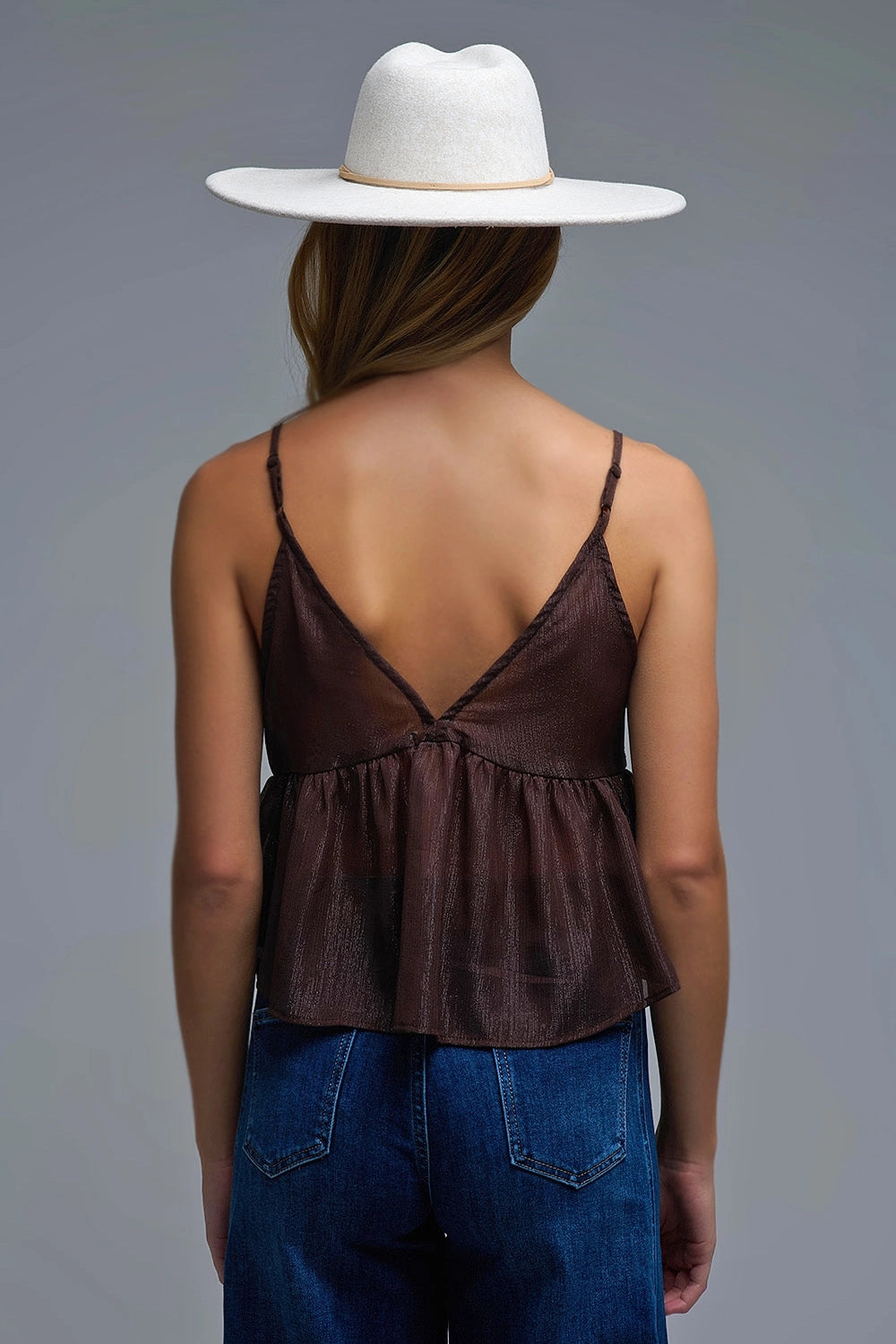Sequin Camisole Top in Brown with Floral Detail Embellished