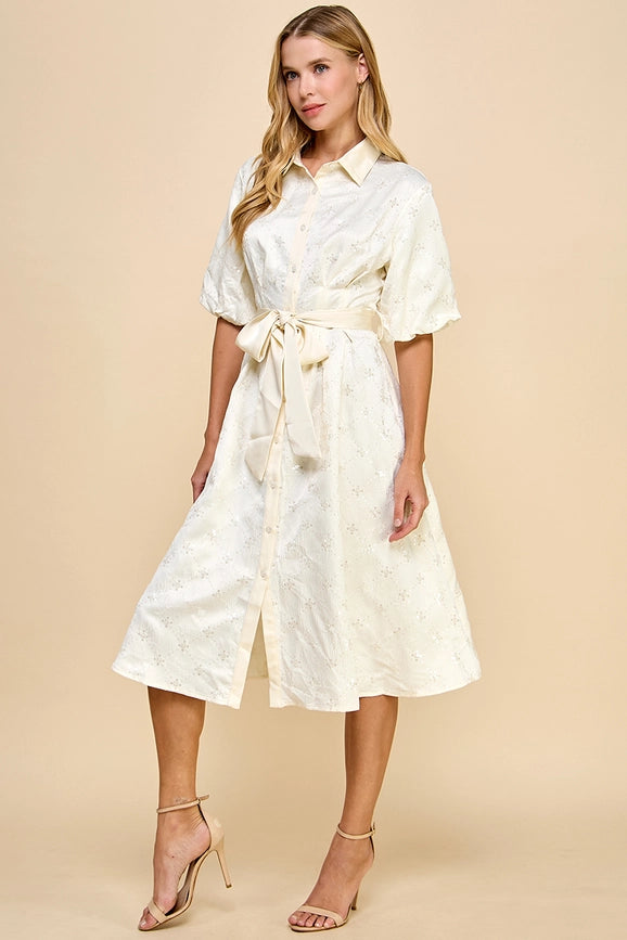 Sequin Detail Button Down Satin Dress-Dress-TCEC-S-Cream-Urbanheer