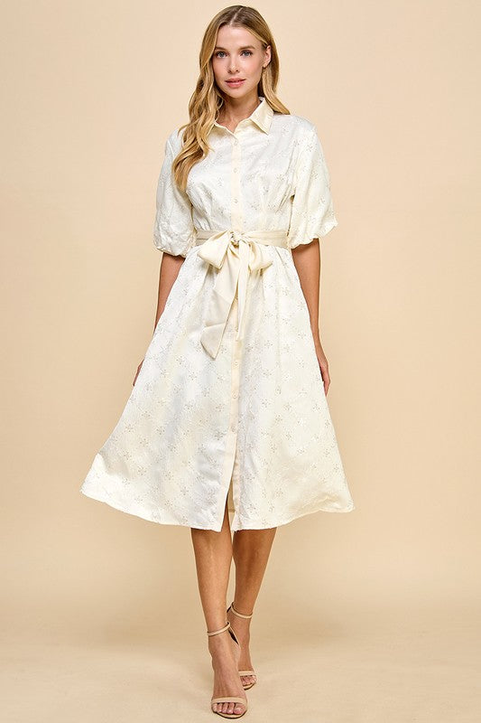 Sequin Detail Button Down Satin Dress-Dress-TCEC-S-Cream-Urbanheer