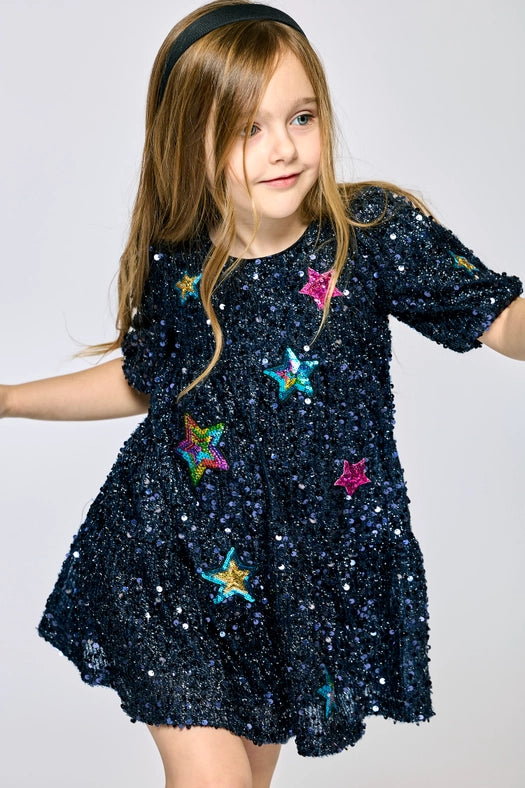 Sequin Dress w/ Star Patches-Dress-Hannah Banana-12M-NAVY-Urbanheer