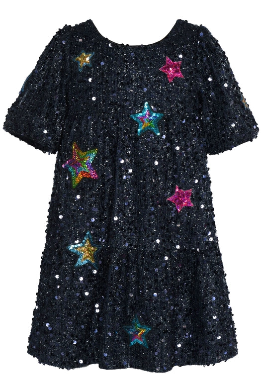 Sequin Dress w/ Star Patches-Dress-Hannah Banana-12M-NAVY-Urbanheer