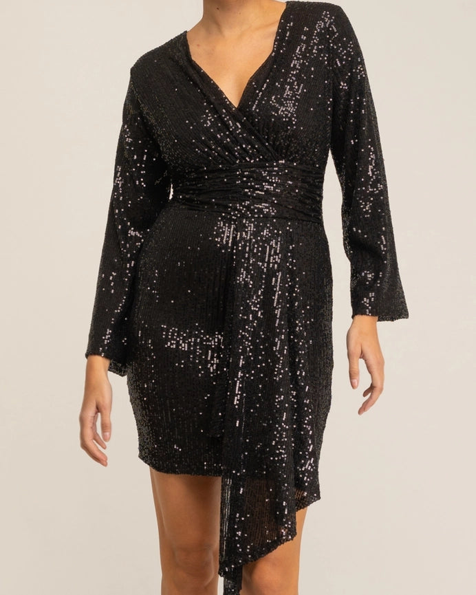 Sequin Dress with Drape Black-Dress-Tantra-S-Black-Urbanheer