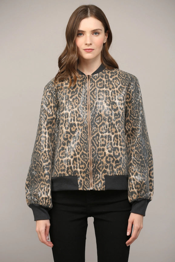 Sequin Embellished Animal Print Bomber Jacket-Jacket-FATE-S-BLACK/CAMEL-Urbanheer