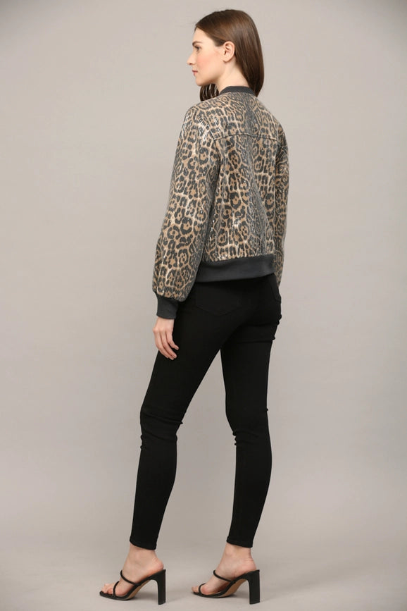 Sequin Embellished Animal Print Bomber Jacket-Jacket-FATE-S-BLACK/CAMEL-Urbanheer