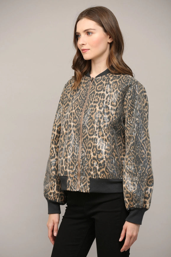 Sequin Embellished Animal Print Bomber Jacket-Jacket-FATE-S-BLACK/CAMEL-Urbanheer