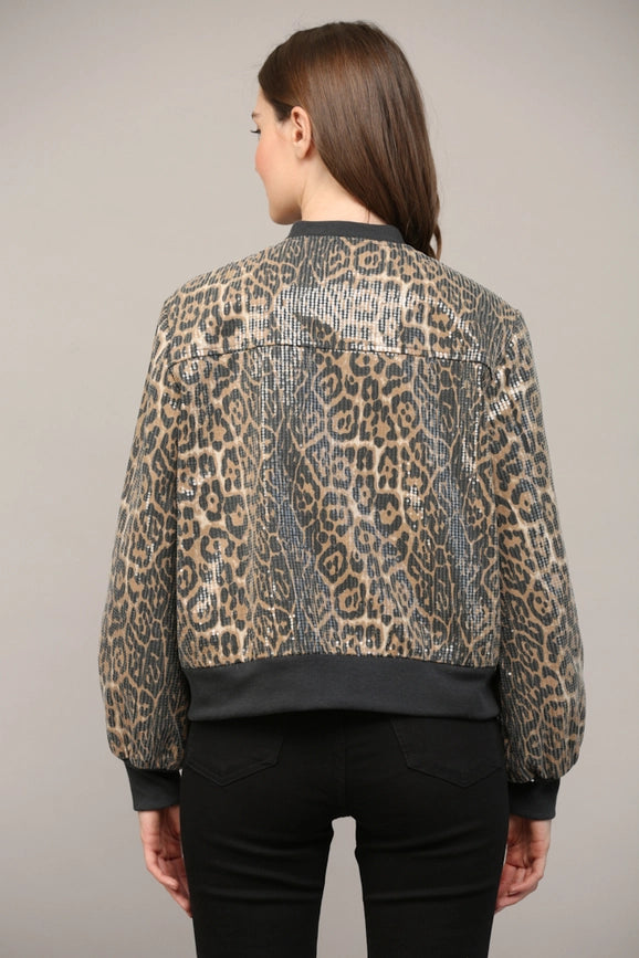 Sequin Embellished Animal Print Bomber Jacket-Jacket-FATE-S-BLACK/CAMEL-Urbanheer