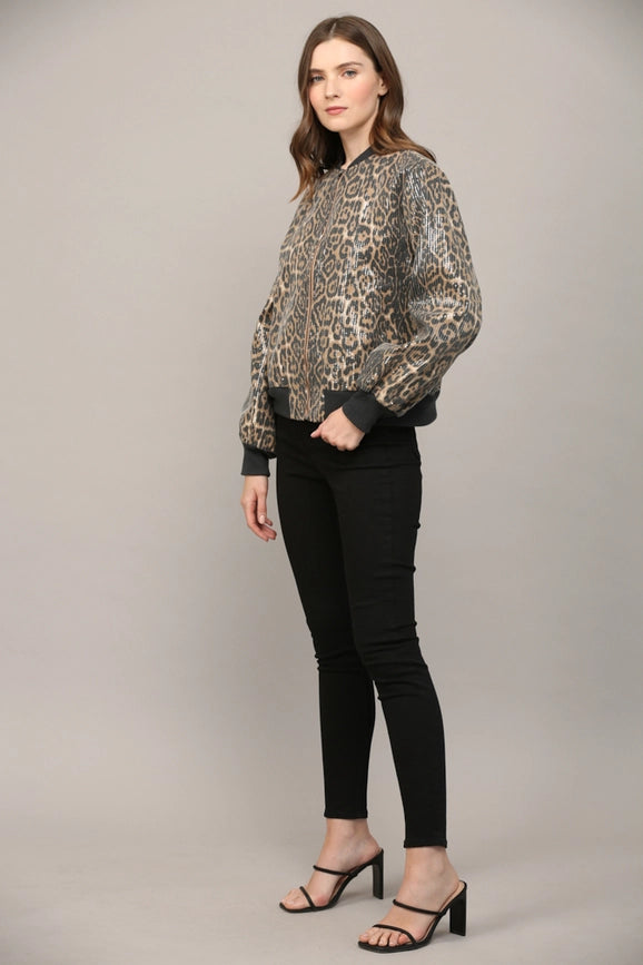 Sequin Embellished Animal Print Bomber Jacket-Jacket-FATE-S-BLACK/CAMEL-Urbanheer