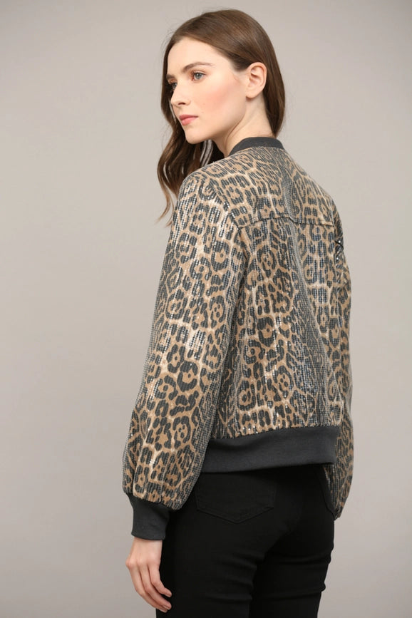 Sequin Embellished Animal Print Bomber Jacket-Jacket-FATE-S-BLACK/CAMEL-Urbanheer