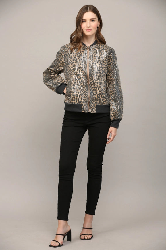 Sequin Embellished Animal Print Bomber Jacket-Jacket-FATE-S-BLACK/CAMEL-Urbanheer