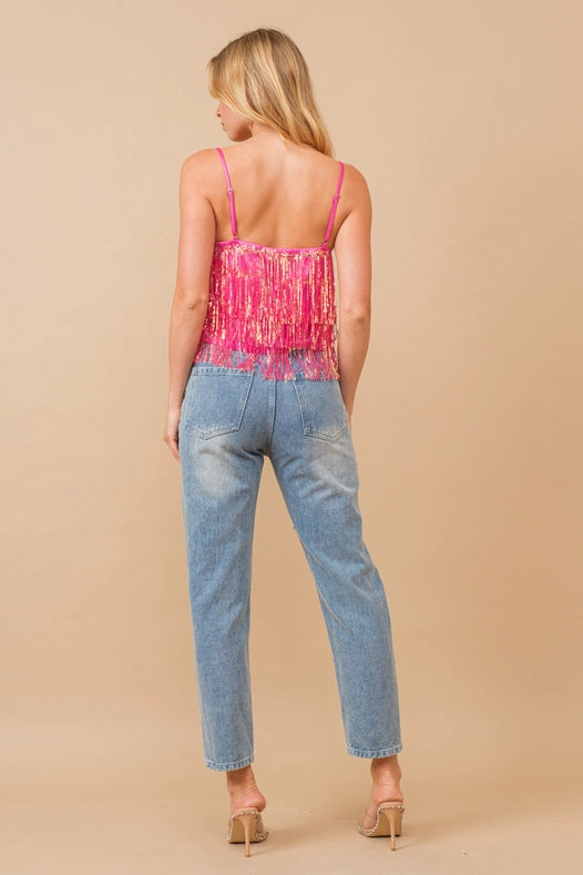 Sequin Fringe Tiered Handkerchief Cami Tank Top Hot Pink-Top-Blue B-S-HOT PINK-Urbanheer