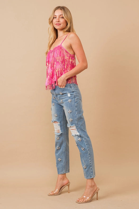 Sequin Fringe Tiered Handkerchief Cami Tank Top Hot Pink-Top-Blue B-S-HOT PINK-Urbanheer
