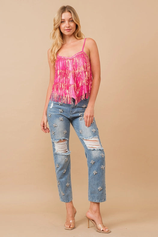 Sequin Fringe Tiered Handkerchief Cami Tank Top Hot Pink-Top-Blue B-S-HOT PINK-Urbanheer