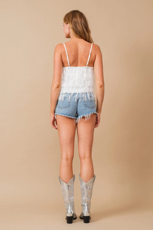 Sequin Fringe Tiered Handkerchief Cami Tank Top Off White-Top-Blue B-S-OFF WHITE-Urbanheer