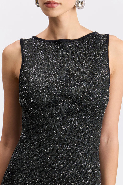 Sequin Knit Boat Neck Asymmetric Hem Midi Sweater Dress - Black