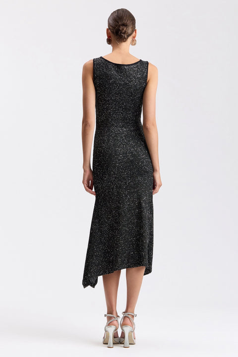 Sequin Knit Boat Neck Asymmetric Hem Midi Sweater Dress - Black