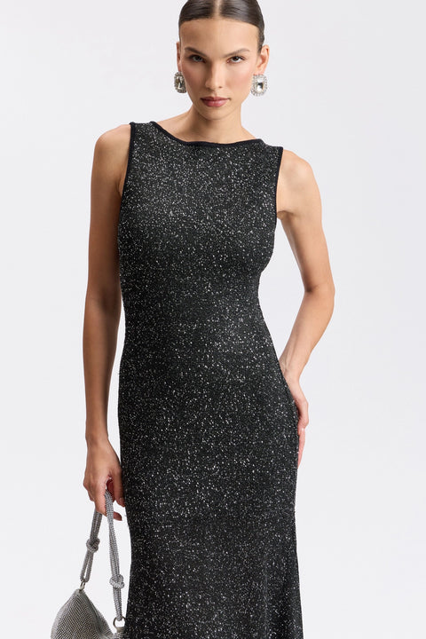 Sequin Knit Boat Neck Asymmetric Hem Midi Sweater Dress - Black