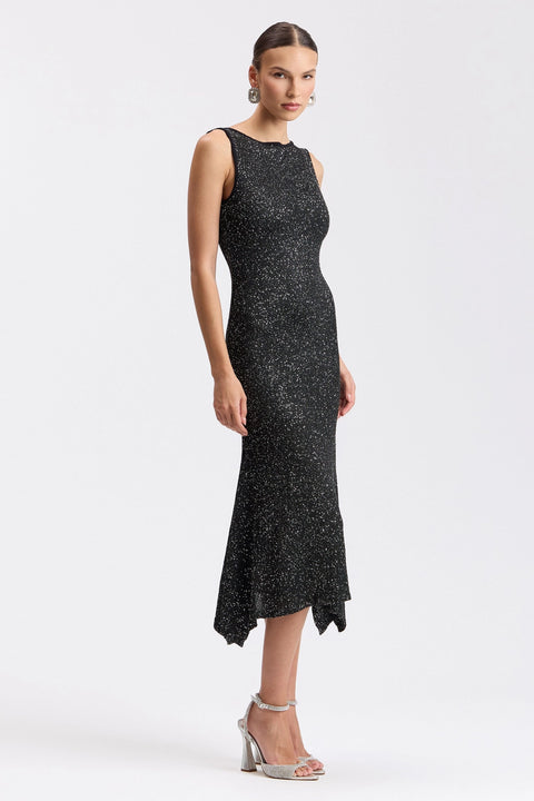 Sequin Knit Boat Neck Asymmetric Hem Midi Sweater Dress - Black