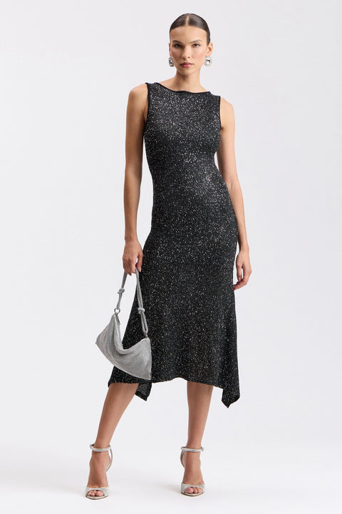 Sequin Knit Boat Neck Asymmetric Hem Midi Sweater Dress - Black