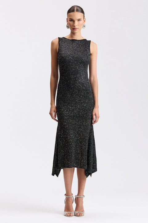 Sequin Knit Boat Neck Asymmetric Hem Midi Sweater Dress - Black