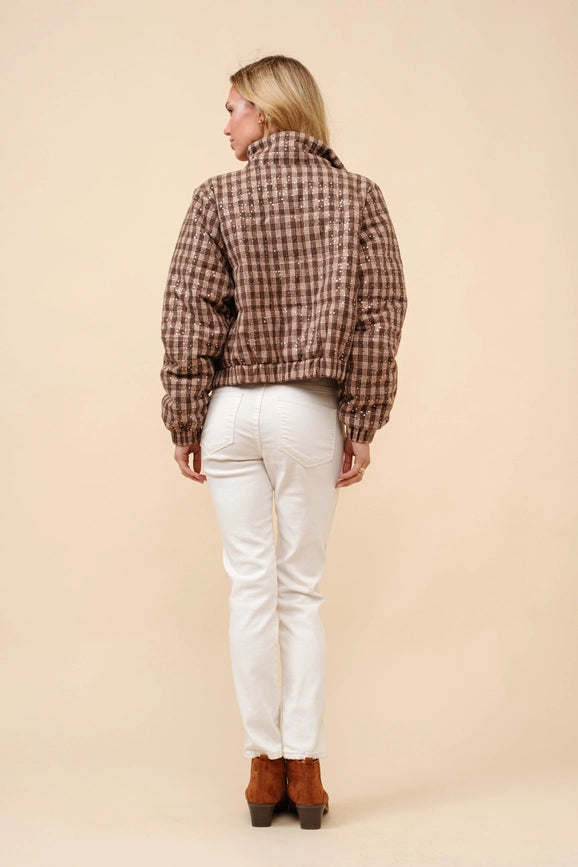 Sequin Plaid Mock Neck Crop Puffer-Jacket-Blue B-S-DARK BROWN-Urbanheer
