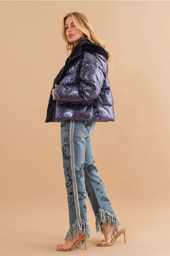Sequin Puffer Quilted Fur Hooded Zip Up Coat-Coat-Blue B-S-NAVY-Urbanheer