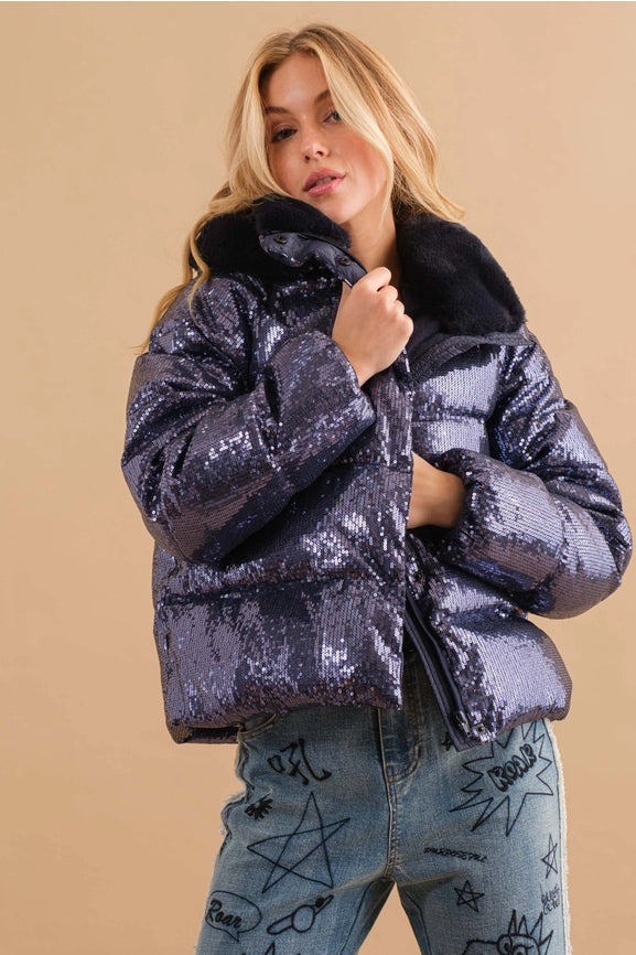 Sequin Puffer Quilted Fur Hooded Zip Up Coat-Coat-Blue B-S-NAVY-Urbanheer