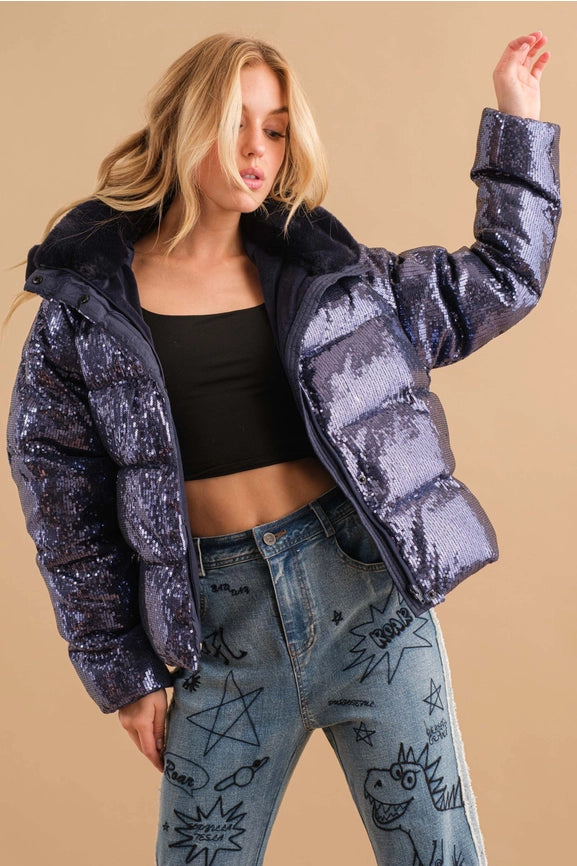 Sequin Puffer Quilted Fur Hooded Zip Up Coat-Coat-Blue B-S-NAVY-Urbanheer