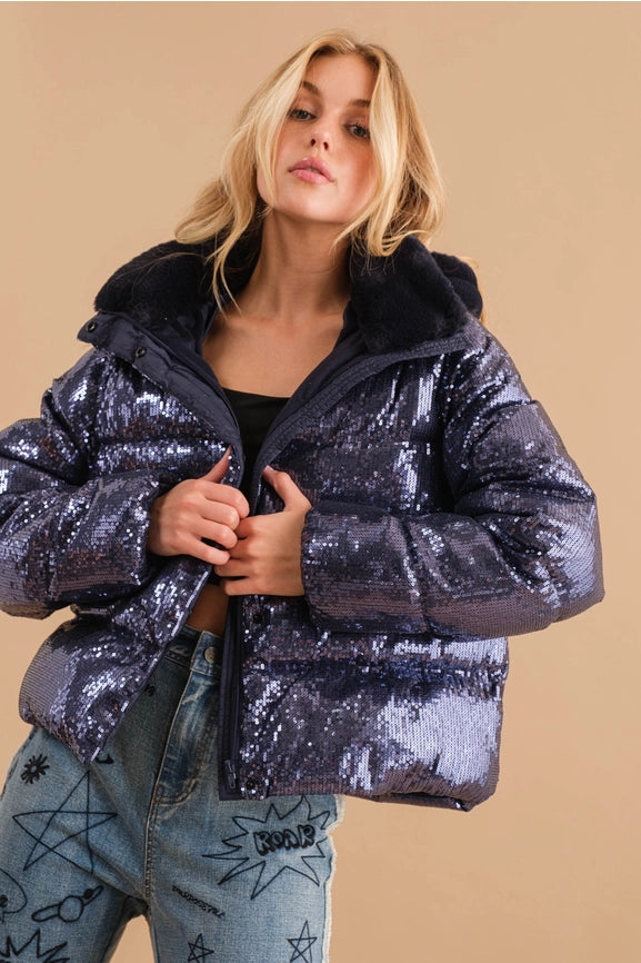 Sequin Puffer Quilted Fur Hooded Zip Up Coat-Coat-Blue B-S-NAVY-Urbanheer