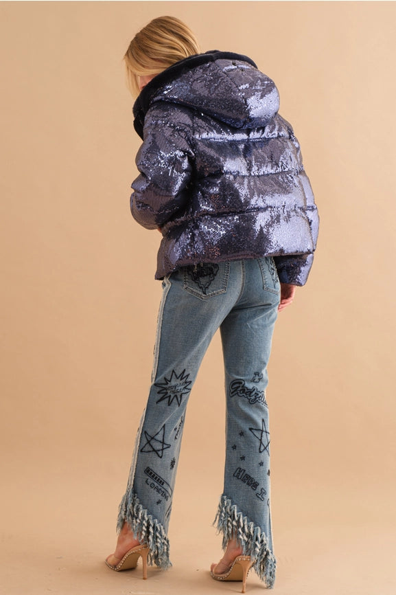 Sequin Puffer Quilted Fur Hooded Zip Up Coat-Coat-Blue B-S-NAVY-Urbanheer